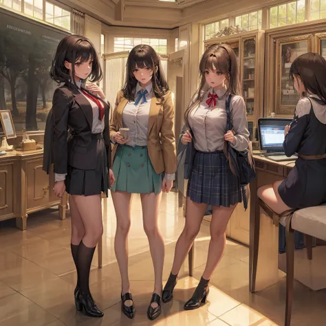 {{，Caucasians}}， looking at viewert， hazel eyes， The is very detailed， medium， brown  hair， aerodrome， Stewardeslue blazer， tiese， blue skirtidskirt， pencil skirtlue high heels， cheerfulnesest quality at best， high qulity， extremely detailed anime screenca...