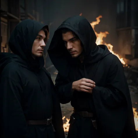 High definition and quality image with two men in a dark and mysterious setting wearing a long cloak and frontal hood and close-up image with a trace of fire in the background