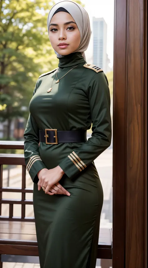 RAW, Best quality, high resolution, masterpiece: 1.3), beautiful Malay woman in hijab,Masterpiece, perfect slim fit body, (Huge breasts), big gorgeous eyes, Soft smile,close up of a woman in a uniform standing on a porch, full uniform, jk uniform, wearing ...