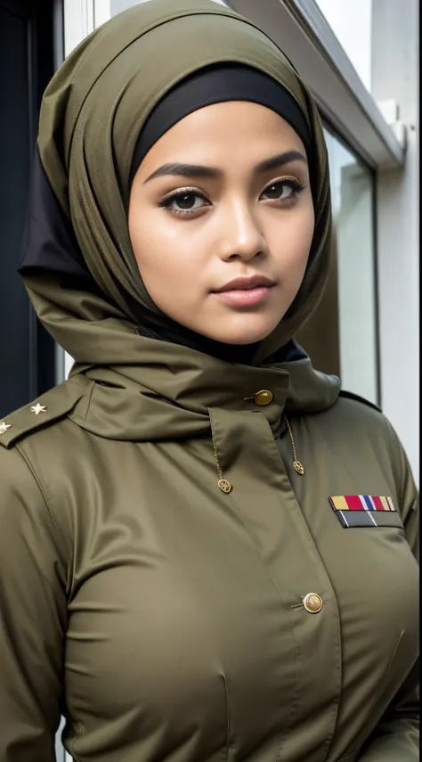 RAW, Best quality, high resolution, masterpiece: 1.3), beautiful Malay woman in hijab,Masterpiece, perfect slim fit body, (Huge breasts), big gorgeous eyes, Soft smile,close up of a woman in a uniform standing on a porch, full uniform, jk uniform, wearing ...