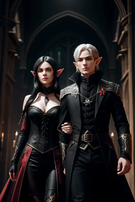 2 characters: Lovers, a male elf vampire with short silver hair and an elf girl with long black hair stand against the backdrop of a destroyed city. Dressed in aristocratic gothic clothing., black and red with gold accents. Cinematic lighting, beautiful co...