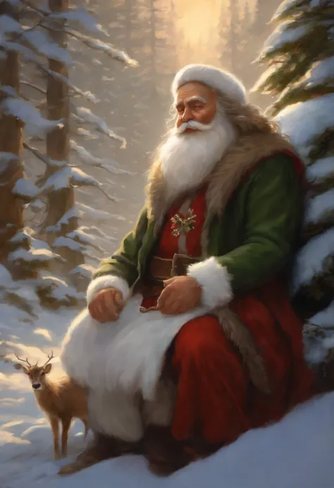 Painting of Santa Claus with a Christmas tree on his lap, Charles Vess and Thomas Kinkade, tyler edlin fantasy art, Todd Lockwood, based on Rudolf F.. Ingerle, rob rey, inspired by Michael Malm, Thomas Kinkade, Winter Rumplestiltskin, Verse Kerem, tuomas k...