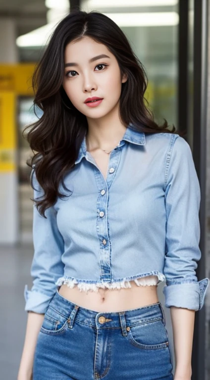 A woman with the same face as last time，４Ｋ、１Man Woman、Slender Abs、Loose wavy styling、Please express it beautifully in every detail............having clothes are worn、Wearing a cutter shirt、Casual Suit、wearing a denim pants、is standing、full body Esbian.Attr...