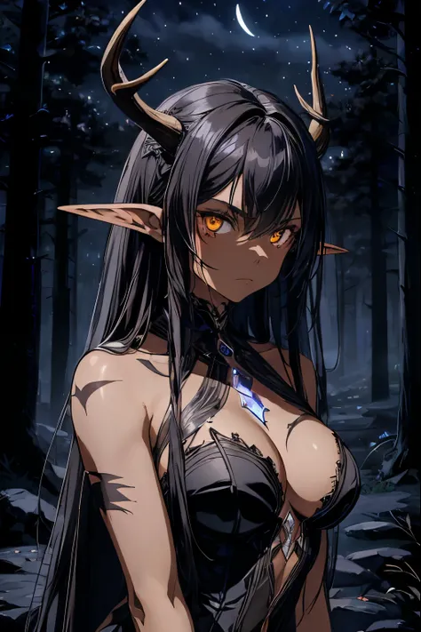 (masterpiece), best quality, solo, female, tall, woman, medium breasts,  tanned dark skin, scars over face, using ancient black clothes, witch Clothes, stoic expression, neutral expression, looking at viewer, long black hair, ((night time:1.3)), (dark wood...