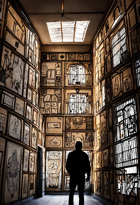 A man stands alone in a homemade prison, the walls adorned with intricate drawings and symbols, each one telling a different story.