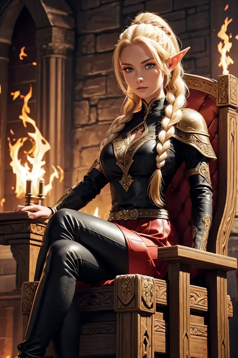 medieval setting,full view of body,1 woman,elven featured face, beautiful red eyes,blond hair, scale armor , cute skirt dress, black leather pants, big braid ponytail, sitting on a massive throne, relaxed position, legs crossed, one hand holds a fire flame...