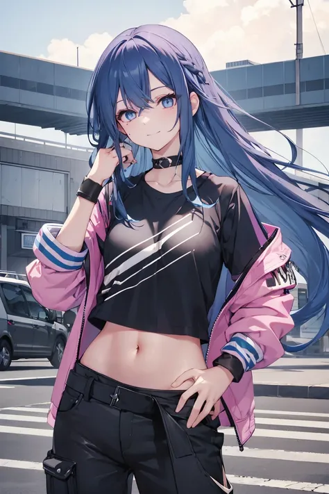 Long hair, blue hair, mole under right eye, black t-shirt, navel, writing on shirt, long pants, pink pants, blue eyes, smile, closed mouth, jacket around hip, jacket around waist, pink jacket around hip, wristband, wristband on right hand