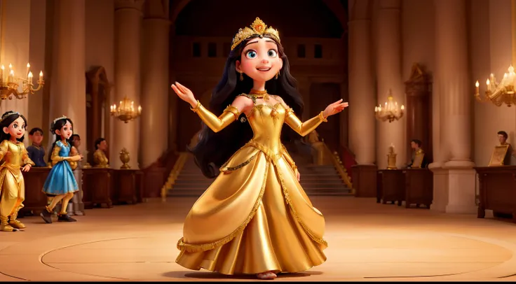 "The good princess has long black hair, blue eyes, fair skin. She wears a gold dress. The princess wears a long gown of gold and silver and dances carefree in a large Renaissance hall."