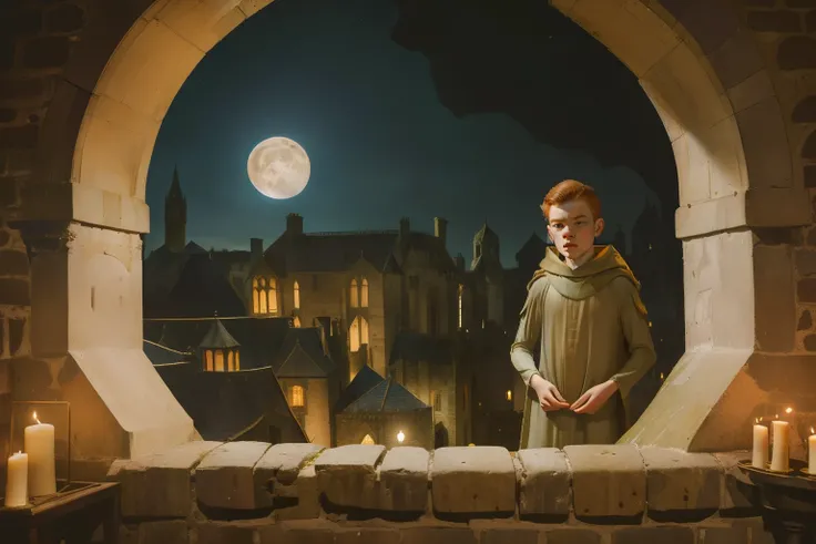 1136, Kingsbridge, England. otherworldly scene in a medieval monastery, (((((12-year-old)) Cameron Monaghan))), exploring, sneaking around, vigilant expression, nighttime, full moon, ((((poor plain tunic from the 12th century)))), ((Hairstyle of the 12th c...