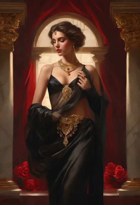 Painting of a woman, ((18 years old)), of extreme beauty and seduction, ((goddess of beautiful seduction)), perfect body, ((angel of death)), black medusa hair, long hair, panther eyes , ancient Greek costume, black dress with golden embroidery, flowing an...