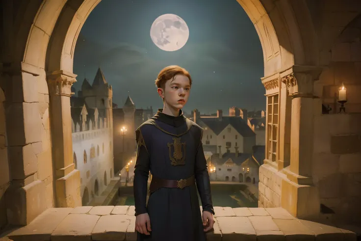 1136, Kingsbridge, England. otherworldly scene in a medieval monastery, (((((12-year-old)) Cameron Monaghan))), exploring, sneaking around, vigilant expression, nighttime, full moon, ((((poor plain tunic from the 12th century)))), ((Hairstyle of the 12th c...