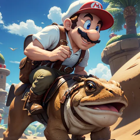 A white male with short brown hair mounted on Toad from the video game Super Mario Odyssey