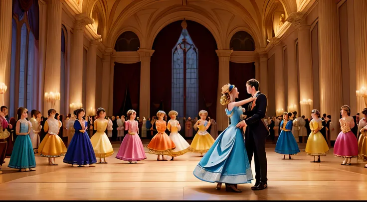 A grand Renaissance ball with princes and princesses dancing