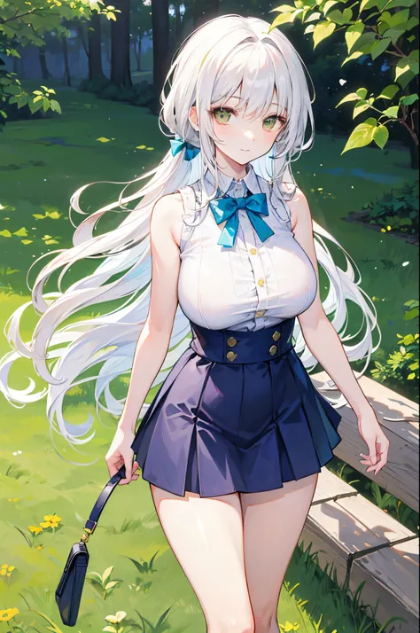 white haired young woman, 25 years old, Adult body, golden eyes, long-haired,Green braid tied in bows left and right.......Big breasts..,, Wear a blue sleeveless shirt......button up.  White short skirt, Walk on the grass with a slight smile on your face.....