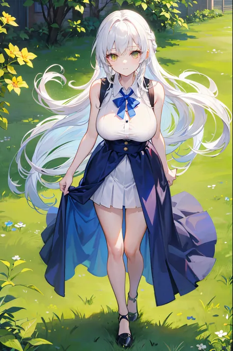 white haired young woman, 25 years old, Adult body, golden eyes, long-haired,Green braid tied in bows left and right.......Big breasts..,, Wear a blue sleeveless shirt......button up.  White short skirt, Walk on the grass with a slight smile on your face.....