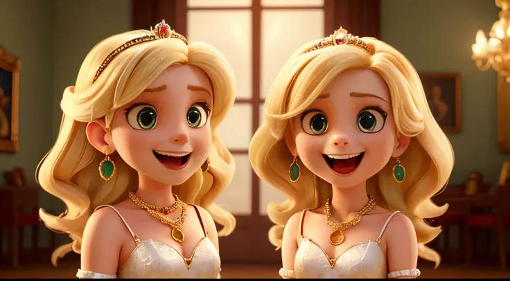 Two sisters with white skin and blonde hair, snake-like gazes, demonic laughter, dressed in luxurious attire with necklaces, earrings, and tiaras