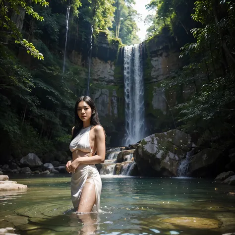 Full Asian women and men A handsome, muscular man, very handsome. A beautiful young woman with white skin and long black hair. She was wearing a light white Thai dress. shirtless man She and he were swimming in a waterfall in the middle of the forest, a cl...