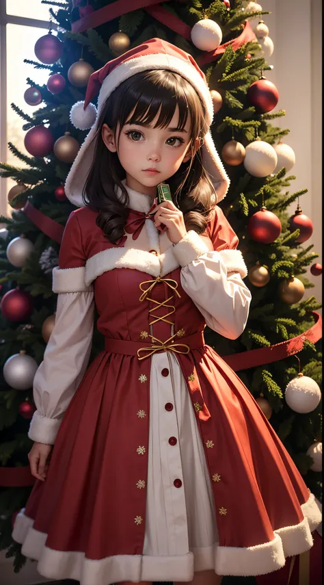 A girl in a festive costume stands by the Christmas tree and holds a rectangle.