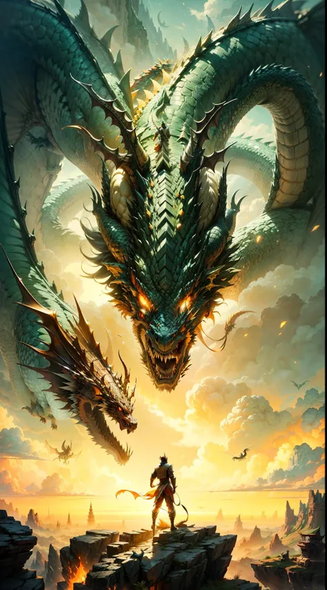 a man standing on a rock with a dragon in the background, chinese dragon concept art, epic dragon, dragon art, giant dragon flying in the sky, flying dragon, oil painting of dragon, by Yang J, dragon flying in the sky, colossal dragon as background, legend...