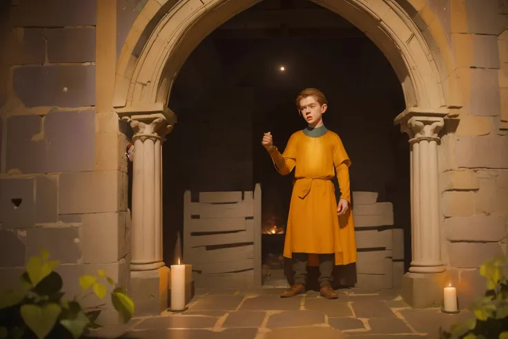 1136, Kingsbridge, England. otherworldly scene in a medieval monastery, ((((12-year-old)) Cameron Monaghan)), exploring, sneaking around, vigilant expression, making a fire, nighttime, full moon, ((((poor plain tunic from the 12th century)))), ((Hairstyle ...