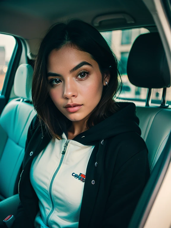 RAW photo, a 20-year-old-girl, upper body, selfie in a car, cream color hoodie, inside a car, Cara detallada, Fondos detallados de bajo desenfoque, Luces naturales, HDR, foto realista, foto profesional, Mirar al frente, look sexy, fotorrealista, Beautiful,...