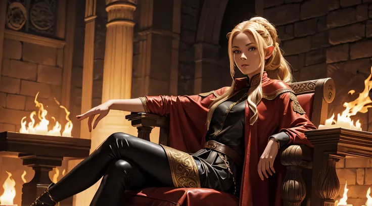 medieval setting,full view of body,1 woman,elven featured face, beautiful red eyes,blond hair, safari jacket, cute skirt dress, black leather pants, braided ponytail over her left shoulder, sitting on a massive throne, relaxed position, legs crossed, one h...