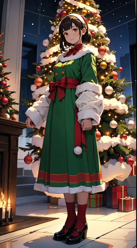 A girl in a festive costume stands by the Christmas tree and holds a rectangle..