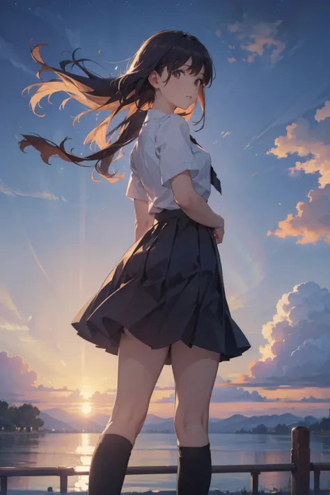 1 girl, standing back to the viewer, facing at the sky, orange blue sky, perfect sky condition, kimi no nawa sky, sunset sky, de...