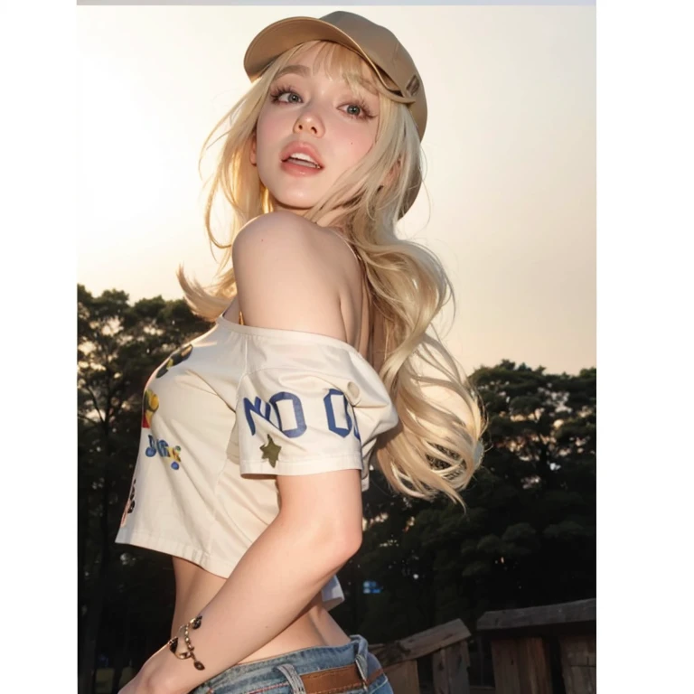 Mujer rubia con sombrero y jeans posando para una foto., Ava Max, croptop, Dakota Fanning, Retrato de Kim Petras, Diosa rubia, Steven Meisel, BLONDE CHILD girl, sydney sweeney, vaquera, pale fair skin!!, Cara como Ester Exposito, Chica hippie, hippie, Devo...