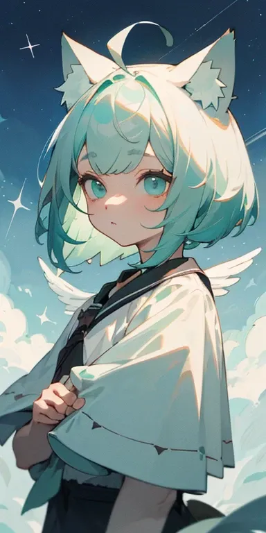 (​masterpiece、top-quality)、mint green hair、Bangs flutter、bob、The inner part of the hair is white、Eye color is blue and cat-like、Wearing cat ear hood、natta、night sky full of stars、Sparrows are flying