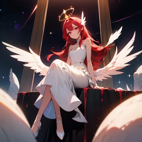 A girl who is young and she has red hair with bright pink eyes and she has angel wings coming from her head as she has a spiky halo above the crown of her head she is also wearing a white flowing dress that wraps around her ankles she is also sitting in th...