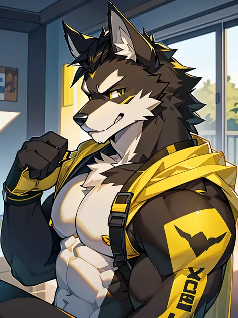 (1boy), solo, male anthro, kemono, white and black fur, ((yellow fur accents)), (white torso), muscle, hunk, sexy, handsome boy,...