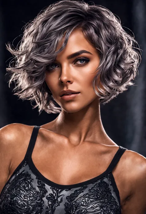 (masterpiece), 1girl, short hair, silver energy unleashed, upper body shot, dark, HDR, highly detailed, 32k, looking at viewer, perfect face feature, classic bob haircut with tight tousled curls perfectly placed , bodysuit