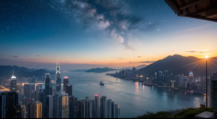 real, 64k, best quality, photoreal, best quality, real, photography, landscape, sun, moon, shooting stars, in Hong Kong