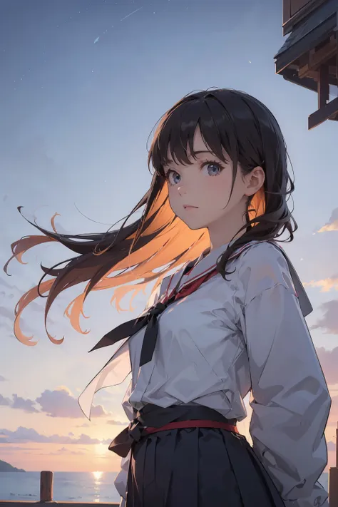 1 girl, standing back to the viewer, facing at the sky, orange blue sky, perfect sky condition, kimi no nawa sky, sunset sky, de...