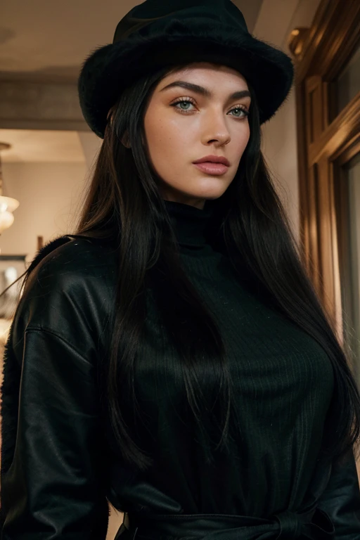 a woman with long black hair and green eyes with a black fur hat and a fur coat, with green eyes, with stunning green eyes, keine Falten, Modelgesicht wie Megan Fox, big lips, Ultrarealistische digitale Malerei, Hyperrealistische digitale Malerei, Ultrarea...