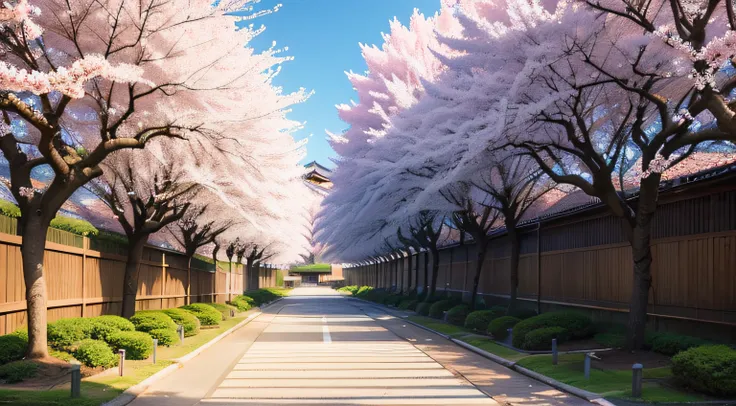 Japanese high school, rows of cherry blossom trees, beautiful in Japan