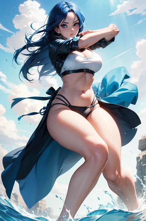 Make a beautiful woman with full body and bikini in a fighting pose with blue hair and light eyes, big bust and full of life, 16k, arte de cinema, cores quentes, brilho e contraste perfeito, corpo perfeito, maos perfeitas, estilo anime bleach