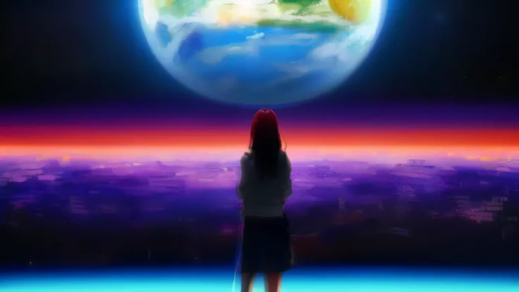 A woman stands in front of a painting depicting a planet, Futuristic city in the background, Psytrance artworks, interconnected human lifeforms, Panoramic view of girl, Progressive Rock Album Cover, A Dream of the Infinite, Stardust, galaxy, Stoner Rock --...