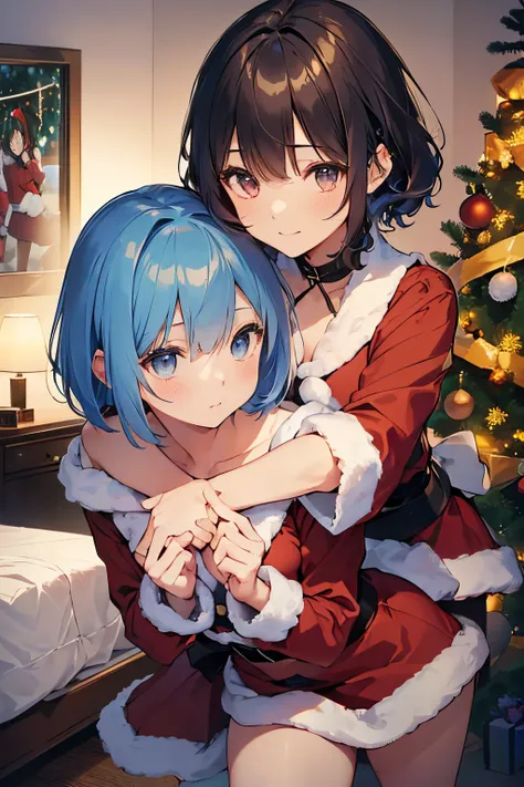 christmas night、Bedroom at night、Bulb Light、darkened room、Two high school girls hugging each other on the bed、Enraptured look、kiss、17 age、Sexy costume、sexypose、costume riot、 ((santa costume:1.2)), a miniskirt、masutepiece, Best Quality, hight resolution, ​m...