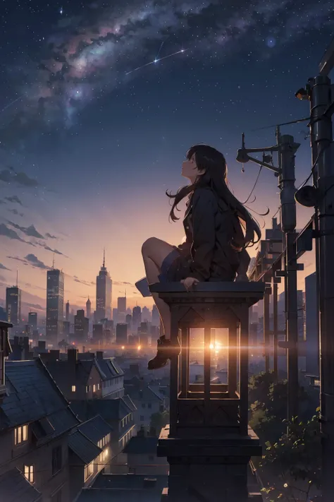 octans, sky, star (sky), scenery, starry sky, night, 1girl, night sky, solo, outdoors, building, cloud, milky way, sitting, tree...