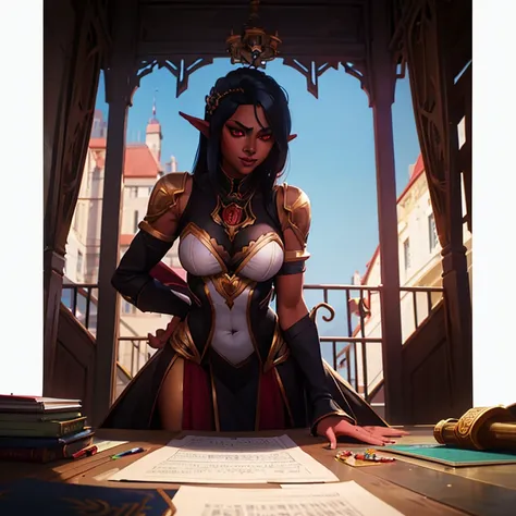 Dark elf woman in a majestic dress standing on a balcony, she has ruby-red eyes and grey skin, black hair, polite smile, 35 years old, view onto the ocean, extremely detailed artgerm, style artgerm, in style of artgerm, artgerm style, artgerm detailed, sty...