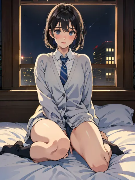 hight resolution、８K,cute little、Amazing beautiful girl,female high-school student、 Anime style, 、18year old、on the bed、A dark-haired、Glamour、Colossal tits、de pele branca、wide-open legs、Very embarrassing、red blush。 Best Quality , Textured skin、 high details...