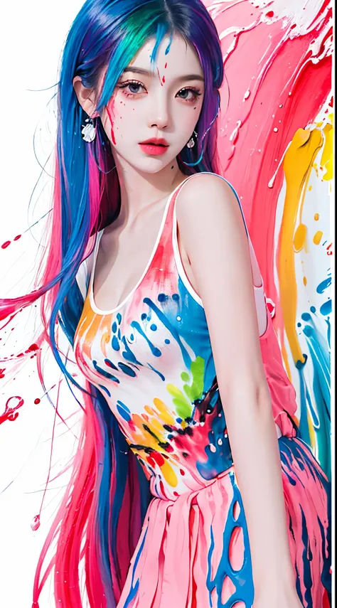 (Masterpiece, Best Quality, High Resolution), White Background, Rainbow color, ((Paint Splash, Color Splash, Splash of Ink, Color Splash)), Sweet Chinese Girl, Rainbow Hair, Pink Lips, Front, Upper Body, Look at viewer, Standing