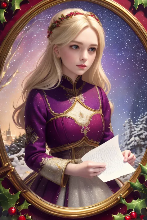 a woman wearing a modest purple dress, blonde hair, Winter holly, Embroidery, evergreen, winter scene, vintage , (gold and red sparkles), whimsical, sharp focus, contour, intricately detailed, unreal engine, fantastical, complementary colors, oil painting,...