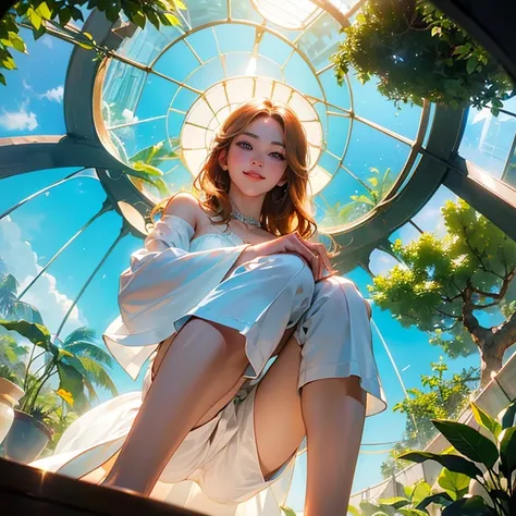 ( Masterpiece, best quality , shot from below , 75mm lens, fisheye:1.2 ), ((pov from below:1.4)), (( beautiful, luxurious, greenhouse dome:1.5, glass panels, plants of colours, vibrant , extreme high detailed, intricate details )). ( 1woman_/(kimtaeyeon/),...