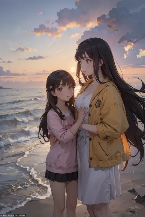 twin girls，cartoonish style，against the background of the beach at sunset，zoom out on the entire photo to see the text，zhang anx...