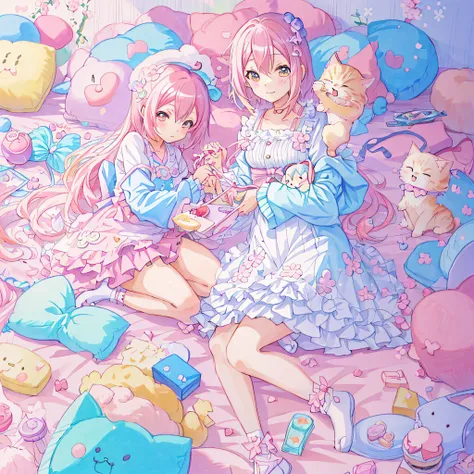 (masutepiece, of the highest quality, Best Quality,kawaii illustration,Cute illustration,:1.5), (pastel color:1.5),girl, kitten and dessert、Ichigo、blueberry 、a cake、Coffee、 Bright tones of macarons、kawaii、Soft 、Fluffy kittens、Happiness、tender、Gentle sweetn...