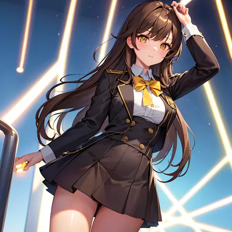 brown hair, bright yellow eyes, slim, sexy, wearing a school uniform, short skirt, front facing camera, beautiful, night backgro...