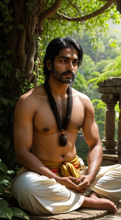 A contemplative Indian man sitting in a meditative pose, wearing a vibrant dhoti, surrounded by ancient temple ruins covered in lush greenery, the dappled sunlight creating a peaceful ambiance, capturing the spiritual connection between the man, his attire...